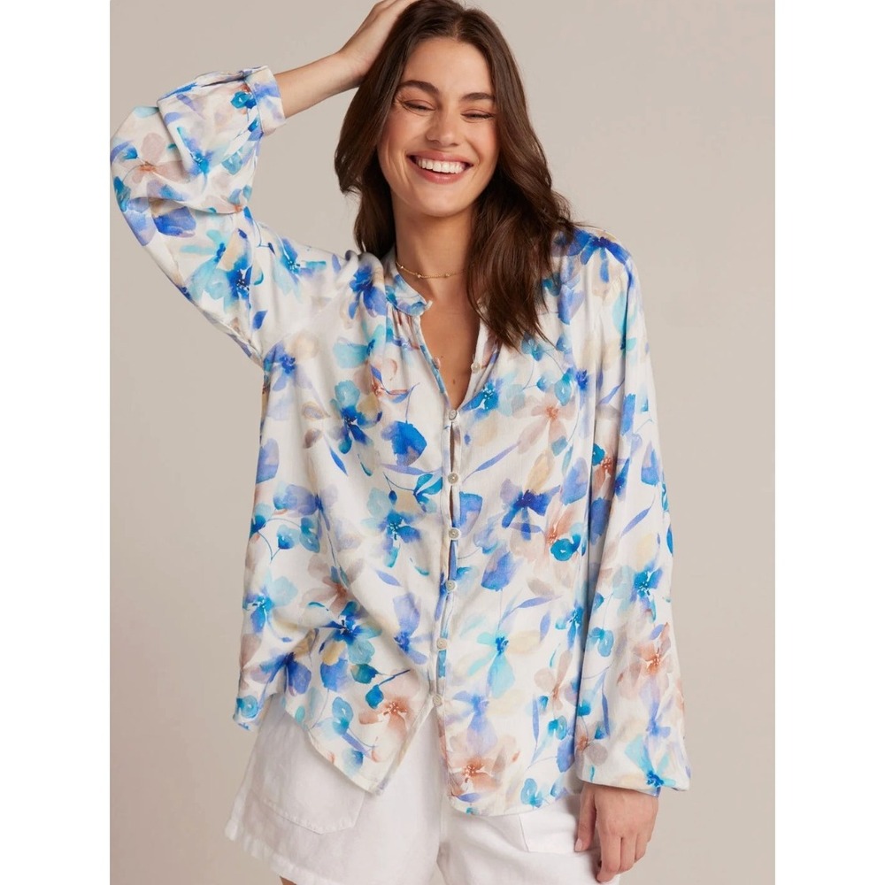 Bella Dahl Floral Button Front Blouse Size M Blue White Watercolor Long Sleeve